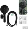 A black shower head, hose, and wall mount are displayed on a white background, with the product packaged on the right side. Anteprima dell’immagine prodotto