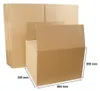 A stack of folded cardboard boxes and one assembled box with dimensions indicated. Náhľad obrázku produktu