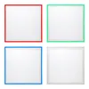 Four square LED panel lights with different colored frames (red, green, blue, and gray) are displayed on a white background. Produktbild-Vorschau