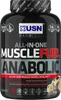 A black plastic tub of USN Muscle Fuel Anabolic protein powder, with prominent branding and product information. Produktbild-Vorschau