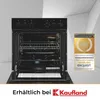 An open black oven with a baking tray and racks inside, next to a marketing award badge. The bottom of the image shows text and a logo indicating where the product is available. Produktbild-Vorschau