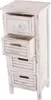 A white, distressed wooden chest of drawers with four drawers, one of which is partially open. Podgląd zdjęcia produktu