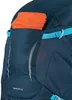 Close-up view of the top and side of a blue backpack with an orange pocket. Produktbild-Vorschau