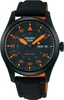 A close-up studio shot of a black Seiko 5 automatic watch with orange accents and a black and orange fabric strap. Náhľad obrázku produktu
