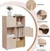 A product image of a wooden bookshelf with several compartments, some open and some closed, with decorative items and books inside. Callouts highlight product features. Produktbild-Vorschau