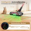 A cordless vacuum cleaner is shown on a wooden floor and carpet, with a cat sitting nearby. The vacuum has green lights indicating its operation, and a circular display shows battery status and mode. Produktbild-Vorschau