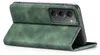 A green flip case for a smartphone is shown open, with the phone inside. Produktbild-Vorschau