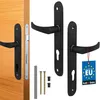 A set of black door handles and related hardware, including a door latch mechanism, screws, and caps, displayed against a white background. One of the door handles has a blue tag attached. Náhled obrázku produktu