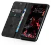 A black flip-style phone case with slots for cards and cash, shown open with a smartphone inside. Produktbild-Vorschau