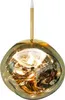 A pendant light with a gold stem and a bulbous, irregularly shaped glass shade with a metallic gold and green finish. Produktbild-Vorschau
