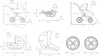 Diagrams showing the dimensions and components of a baby stroller. Produktbild-Vorschau