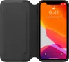 A black leather flip case for an iPhone is shown open, with the iPhone screen displaying the time and date. Náhľad obrázku produktu
