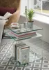A glass side table with books and a plant in a living room setting. Voir les images du produit