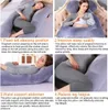 A collage of four images showing a pregnant woman using a U-shaped body pillow in different positions and highlighting its benefits. Náhled obrázku produktu