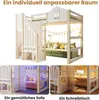 A collage showing a loft bed with different configurations: a sofa underneath, a pink sofa with curtains, and a desk underneath. Produktbild-Vorschau