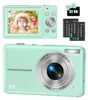 A collage showing a digital camera from the front and back, along with accessories. Produktbild-Vorschau