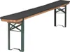 A long, dark grey bench with wooden edges and green metal legs, shown from a diagonal angle against a white background.