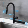A black kitchen faucet with dimensions labeled, shown over a sink with water running. Produktbild-Vorschau