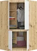 An open corner wardrobe with shelves and hanging clothes, showing folded laundry. Produktbild-Vorschau