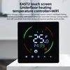A close-up of a black smart thermostat with a digital display showing temperature and time, set against a light gray background. Náhled obrázku produktu
