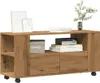 A wooden TV stand with storage compartments and decorative items on top. Produktbild-Vorschau