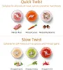 The image displays two sections, 'Quick Twist' and 'Slow Twist', illustrating different food processing capabilities of a kitchen appliance. Each section shows the appliance with various ingredients being processed, along with images of the raw ingredients Produktbild-Vorschau