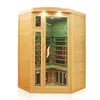 A wooden infrared sauna cabin with glass doors and interior lighting. Produktbild-Vorschau