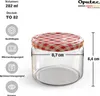 A clear glass jar with a red and white checkered lid, shown with measurement indicators and feature icons. Náhled obrázku produktu