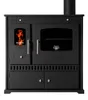 A black wood-burning stove with a glass door and a fire visible inside. Produktbild-Vorschau