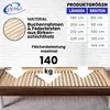 A product information collage showing a slatted bed base with text overlays detailing its material, dimensions, and maximum load capacity. The bottom part of the image shows a close-up of the slatted frame. Produktbild-Vorschau