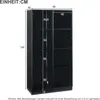 A black glass display cabinet with dimensions indicated by text and lines. Produktbild-Vorschau