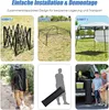 Collage showing the installation steps and usage of a pop-up tent. Produktbild-Vorschau