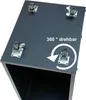 Close-up view of the top of a black metal firewood rack, showing four swivel casters and text indicating 360-degree rotation. Produktbild-Vorschau