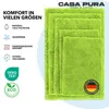 Several green bath mats of different sizes are stacked on a light blue background. Text and icons describing product features are on the left side. Anteprima dell’immagine prodotto