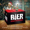 A beer advent calendar is shown in a festive setting with a man in a Santa hat in the background. Produktbild-Vorschau