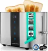 A stainless steel toaster with two slices of toast on top, displayed on a white background with marketing overlays. Anteprima dell’immagine prodotto
