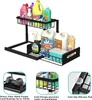 A two-tier black metal organizer shelf filled with various cleaning supplies and bottles, shown from a slightly elevated front angle. Below the main product image are three smaller inset images highlighting features like heavy-duty construction, grid desig Produktbild-Vorschau