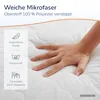 Hand auf dem gesteppten Mikrofaserstoff, daneben drei Eigenschaften Produktbild-Vorschau