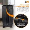 A black suitcase is shown with an inset image highlighting its expansion feature. Produktbild-Vorschau