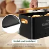 A hand is placing a wooden lid on a black storage box filled with potatoes. A close-up inset shows the bottom of a similar box with protective caps. Produktbild-Vorschau