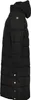 A black, long, puffer jacket with a hood, shown from the side. Produktbild-Vorschau