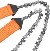 A close-up view of a portable hand chainsaw with orange straps and metal chain links. Náhled obrázku produktu
