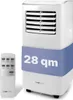 A white and blue portable air conditioner unit with a remote control. Podgląd zdjęcia produktu
