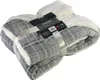 A folded plaid Sherpa blanket with a white fuzzy lining, tied with a satin ribbon and a product tag. Produktbild-Vorschau