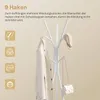 A white coat rack with a coat and a purse hanging on it, with icons representing items that can be hung on the rack. Náhľad obrázku produktu