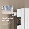 Close-up of a white radiator with text overlays highlighting material properties and thickness. Voir les images du produit