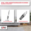 A collage showing two types of vacuum cleaners, a stick vacuum and a handheld vacuum, with text overlays describing their features and branding. Voir les images du produit