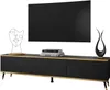 A black and gold TV stand with a television mounted above it, and decorative items on the stand. Produktbild-Vorschau