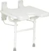 A white foldable shower stool with a hygiene cutout, mounted on a white background. Produktbild-Vorschau