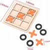 A wooden tic-tac-toe game with orange 'X' pieces and black 'O' pieces, shown with dimensions. Náhled obrázku produktu